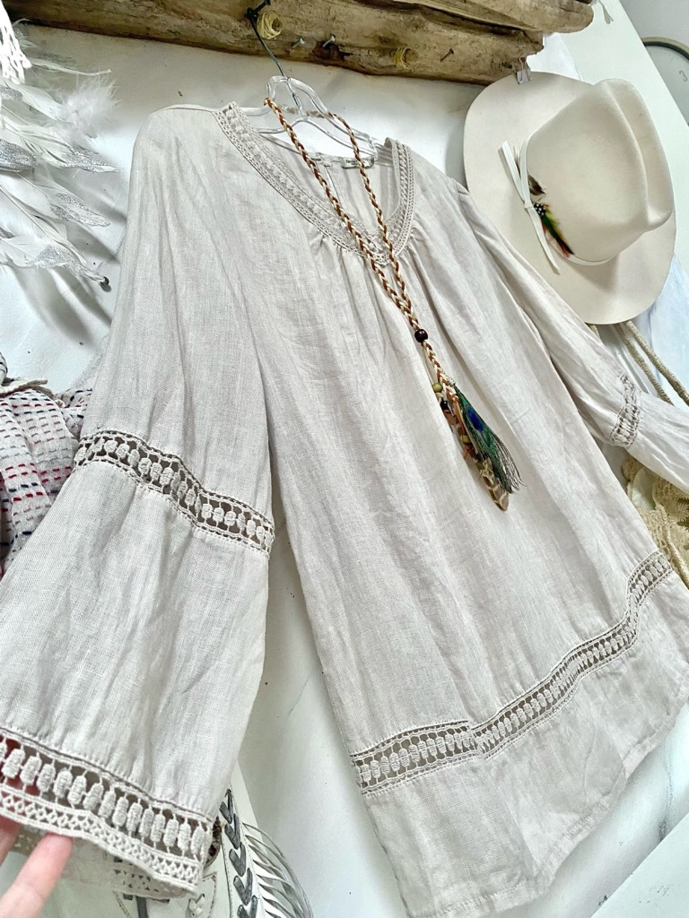 Made in ITALY LINEN boho blouse w crochet detailing resort vacay costal vibe